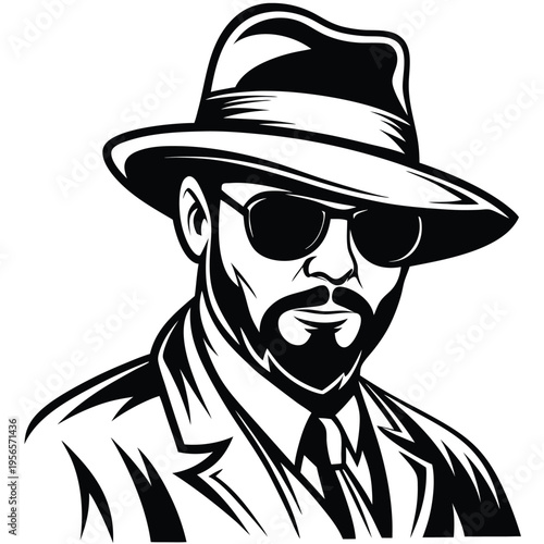 Confident man with beard wearing a hat and sunglasses appears in black and white