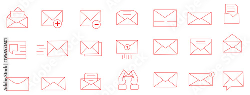 Email notification envelope icon set showing unread message alerts, inbox communication symbols, black and white mail icons for app interface and web UI design mail, message, communication, envelope, 