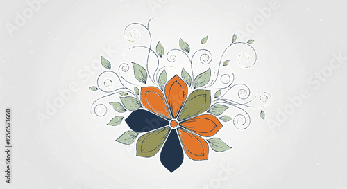 Decorative floral illustration featuring a stylized flower surrounded by elegant swirling vines