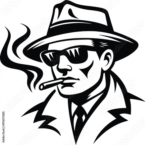 Cool detective with hat, sunglasses and cigar emits smoke in simple black silhouette