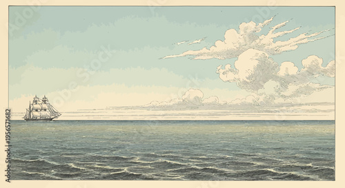 Vintage Illustration of a Sailing Ship on a Calm Ocean Horizon