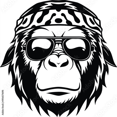 Cool gorilla head wearing sunglasses and a bandana in a striking monochromatic theme