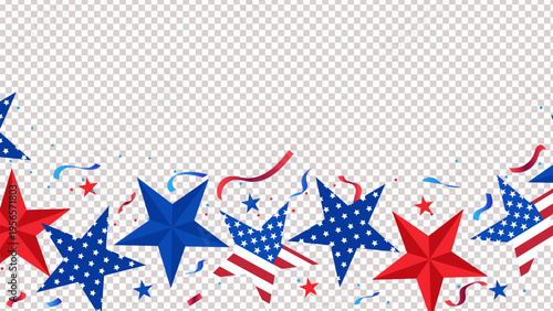 Patriotic Fourth of July celebration border with red blue stars confetti and ribbons USA Independence Day festive decoration