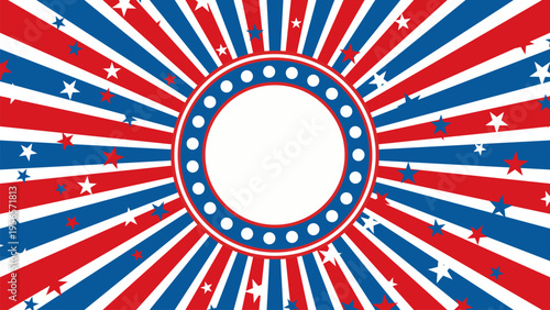 Patriotic USA Independence Day starburst background with red blue rays stars circular frame Fourth of July celebration design