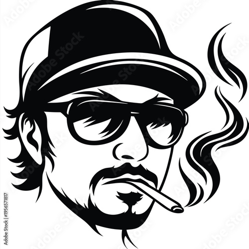Cool stylized character with hat and sunglasses smokes cigarette releasing smoke plumes on white