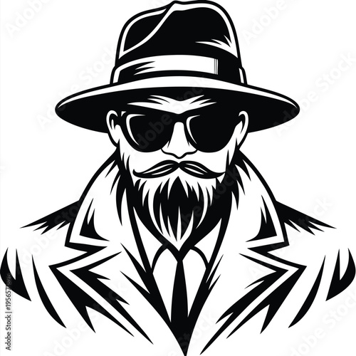 Detailed line drawing presents a confident bearded man with sunglasses and fedora