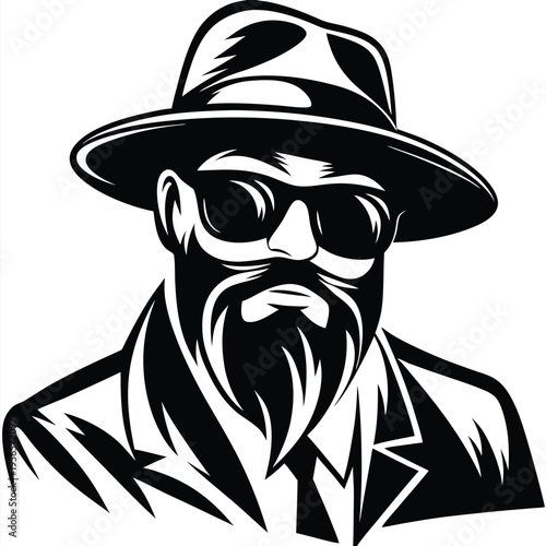 Elegant bearded man with a hat and sunglasses strikes a sophisticated pose