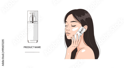 Woman applying facial cream in flat illustration style with soft natural lighting for skincare advertising