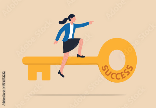 Key success to unlock true potential to win business or career improvement, moving forward for bright future, new opportunity or business direction concept, businesswoman leader ride gold key success