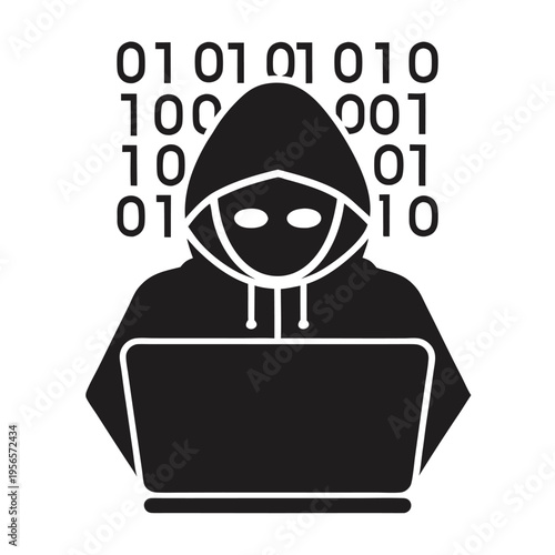Hooded faceless figure codes on computer amid binary numbers displayed around in darkness