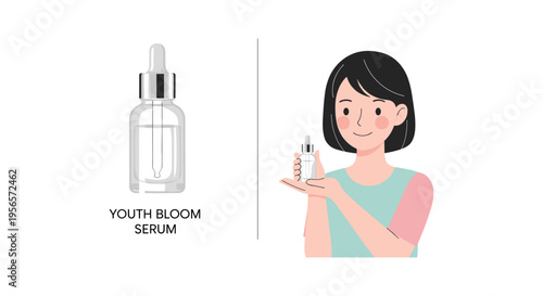 Woman holding skincare serum bottle in pastel color illustration for beauty product advertising