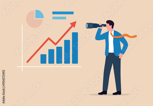 Financial forecast, vision for stock market investment return, make profit opportunity, discover economic recover, businessman financial professional look through binocular to see graph and chart