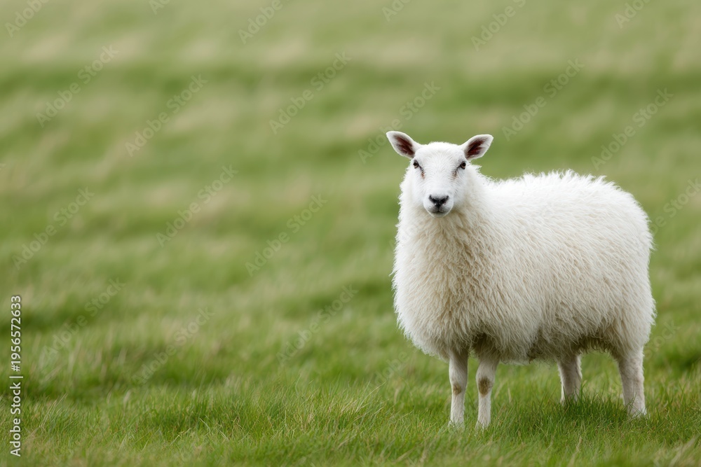 Fototapeta premium Fluffy white sheep standing in green pasture farmland scene
