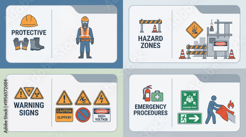 Modern flat vector infographic shows a construction site layout with marked zones for materials and workers.