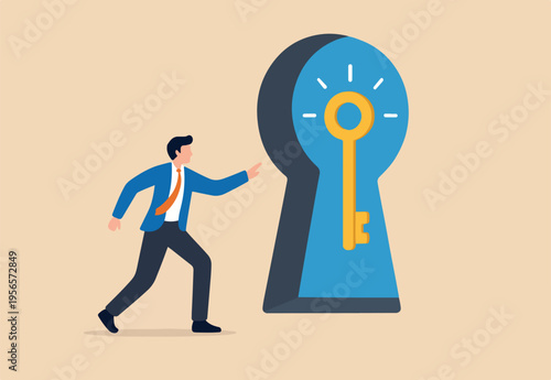 Success secret key discovery, job offer or career opportunity, unlock key to solve problem, leadership key success concept, businessman open door from keyhole to offer secret golden unlock key