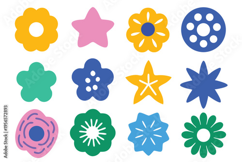 Isolated assorted colorful flowers and star shapes are displayed against a clean white backdrop