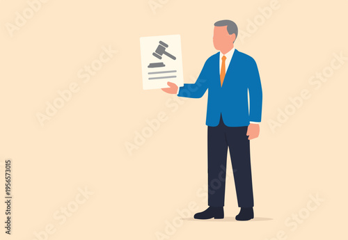 Legal document, attorney or court professional office, law and judgment approval paper concept, mature lawyer holding legal document with a gavel hammer symbol of court or judgement