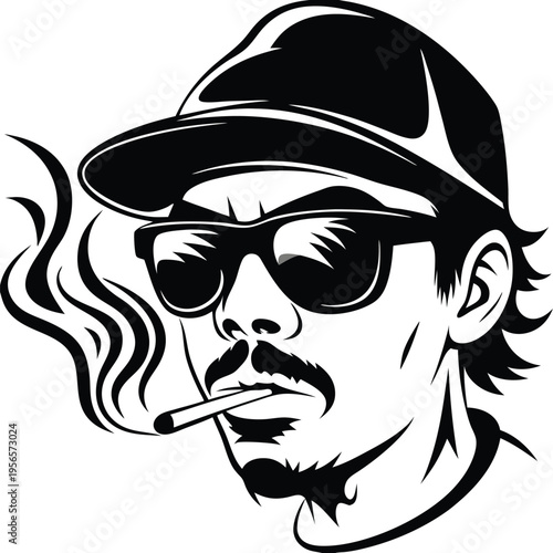 Isolated monochrome outline reveals Hispanic man wearing cap and sunglasses smoking cigarette casually