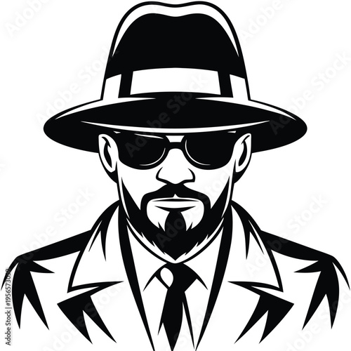 Isolated monochrome shows a serious bearded man wearing a hat and sunglasses