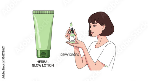 Woman applying herbal skincare products in minimalist illustration with soft natural lighting for wellness and beauty advertising