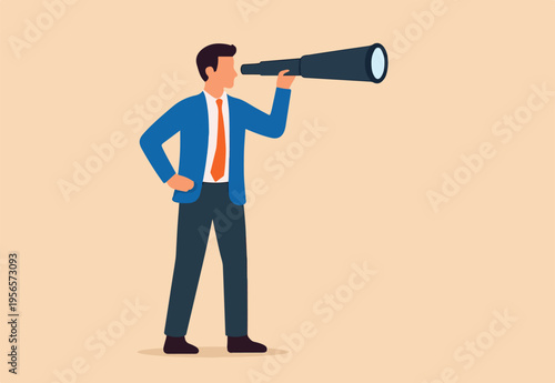 Visionary, look to see future or search for opportunity, finding way to success or discover new job or career, challenge or mission concept, businessman look through telescope to see business vision