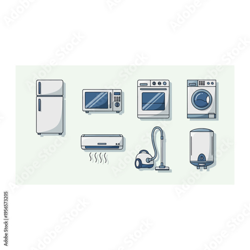 Set of Household Appliances Icons: Fridge, Microwave, Oven, Washer, AC, Vacuum, 