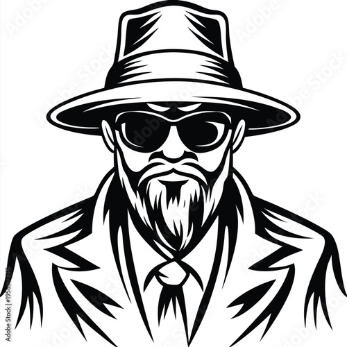 Line art depicts a bearded man with hat and sunglasses wearing a suit