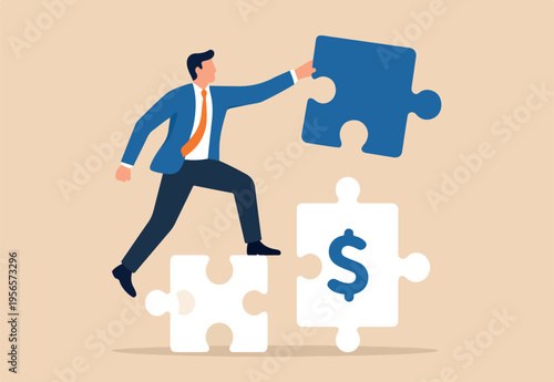 Solve problem or solution to achieve business success, decision, creativity or skill to overcome difficulty and finish work concept, smart businessman solving jigsaw puzzle problem.
