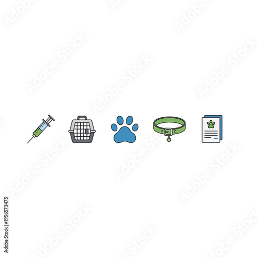 Veterinary Icons: Syringe, Carrier, Paw, Collar, Medical Record
