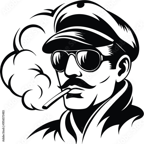 Man wearing aviator sunglasses with mustache smoking cigarette in a captain hat is featured