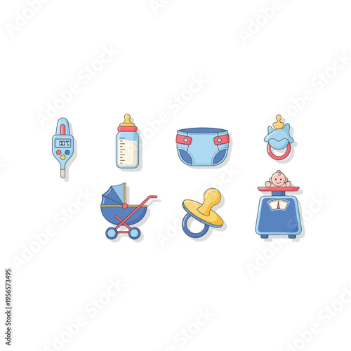 Baby Essentials Icons: Stroller, Bottle, Diaper, Pacifier, Scale