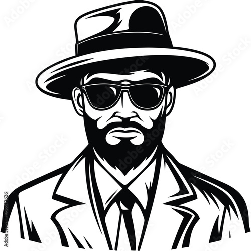 Man wearing fedora and sunglasses in solid black and white style looks confident