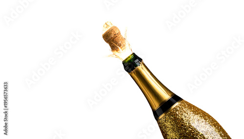 Golden champagne bottle with cork flying out, isolated on a black background, close-up shot