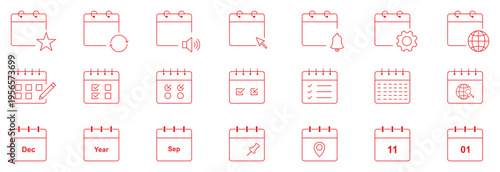 Minimal calendar and date line icons including schedule, event, deadline, reminder, planner, and time management. Editable stroke vector illustration.