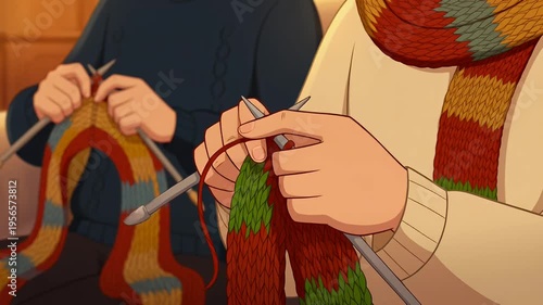 Cozy hand knitting animation, people knitting colorful wool scarves with needles, warm winter hobby and handicraft concept 4k