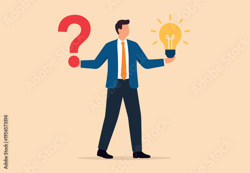 Question and answer, q and a or solution to solve problem, FAQ frequently asked question, help or creative thinking idea concept, smart businessman holding question mark sign and lightbulb solution