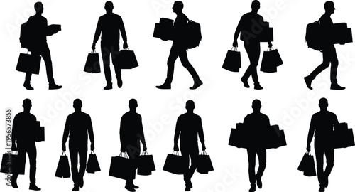 Black Silhouettes of Men Walking and Carrying Shopping Bags and Boxes in Various Poses Isolated on White Background Vector Collection