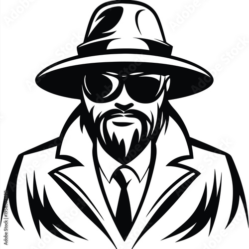 Man with beard and sunglasses wearing hat and trenchcoat in black vector