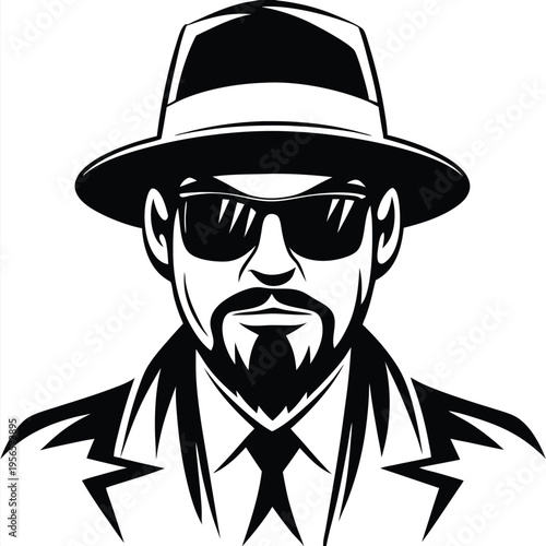 Man with beard and sunglasses is wearing a hat and a suit