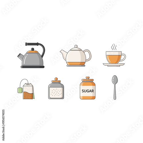 Cute Pixel Art Tea Time Set: Kettle, Teapot, Cup, Sugar, Spoon Icons