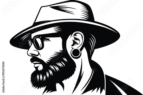 Man with beard wearing hat and glasses appears in striking monochrome silhouette