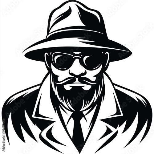 Man with beard, mustache, sunglasses, and hat is wearing a coat and tie