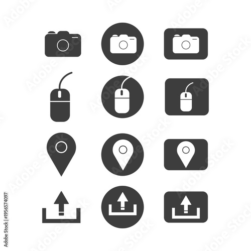 Collection of twelve modern flat design icons representing camera mouse location pin and upload symbols