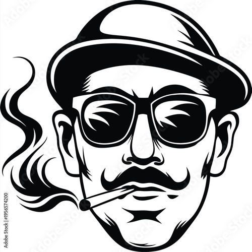Man with hat, sunglasses, and mustache smokes with monochrome art