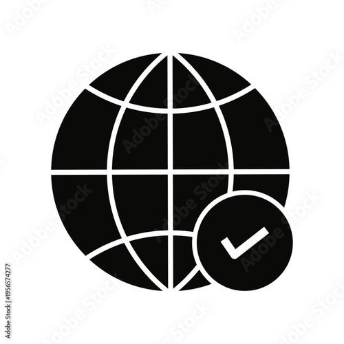 Stylized black globe icon with a checkmark in a circle signifying successful internet connection or global approval