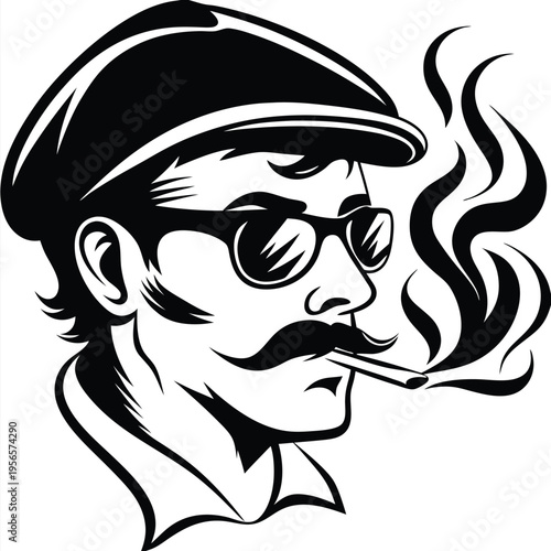 Man with mustache and glasses smoking cigarette with a cap in black and white