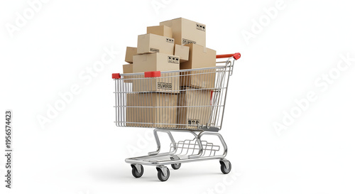 Shopping cart with boxes isolated on white background, e-commerce concept, clean composition, high detail