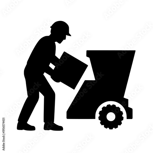 Black silhouette of a worker pushing a wheelbarrow with a box