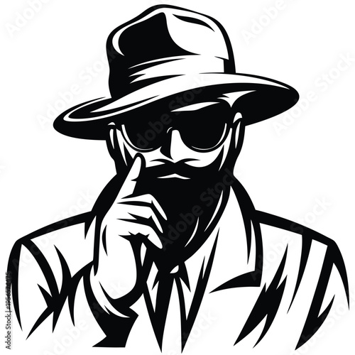Man with mustache and sunglasses under a hat signals silence with finger