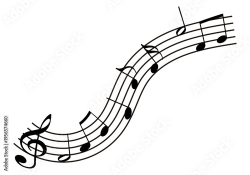 Pentagrama curvo con notas musicales y clave de sol 